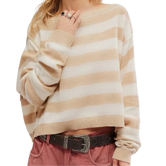NWT FREE PEOPLE Into The Blue Relaxed Fit Crop Stripe Sweater Size Small - Picture 1 of 4